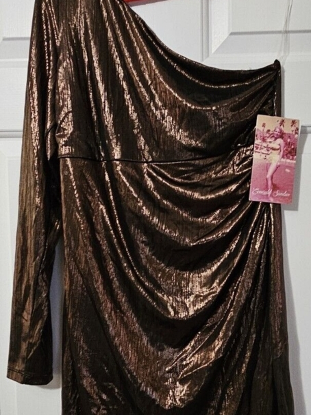 Shiny Metallic Bronze One-Shoulder Draped Dress